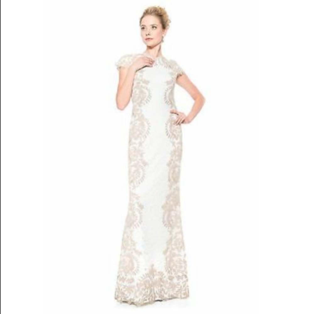 Tadashi lace gown with side appliqué